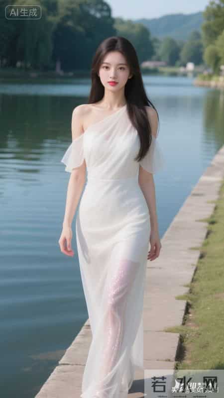 穿一身象牙白纱质斜肩连衣裙的女人，温柔端庄在湖边堤岸上。