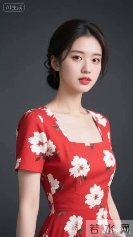 晚上好,红底白花半袖连衣裙女人