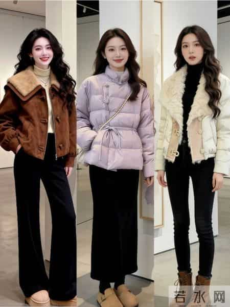 短款羽绒服利落显高，小黑裤+长靴的组合怎么搭都不会错。