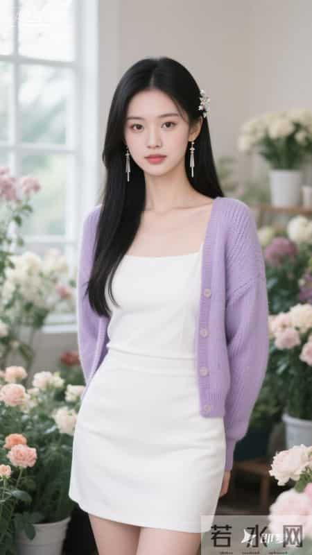 花房里，穿纯白抹胸裙搭淡紫开衫，于缤纷花簇间静立，温柔又清甜