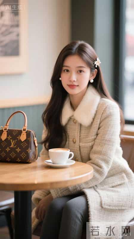 精致温柔的轻法式名媛风~浅格纹粗花呢外套搭配毛绒领边