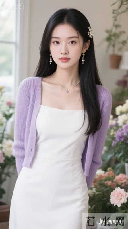 花房里，穿纯白抹胸裙搭淡紫开衫，于缤纷花簇间静立，温柔又清甜