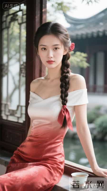 美女清新脱俗，穿真丝淡红色华丽紧身衣裙，美极了