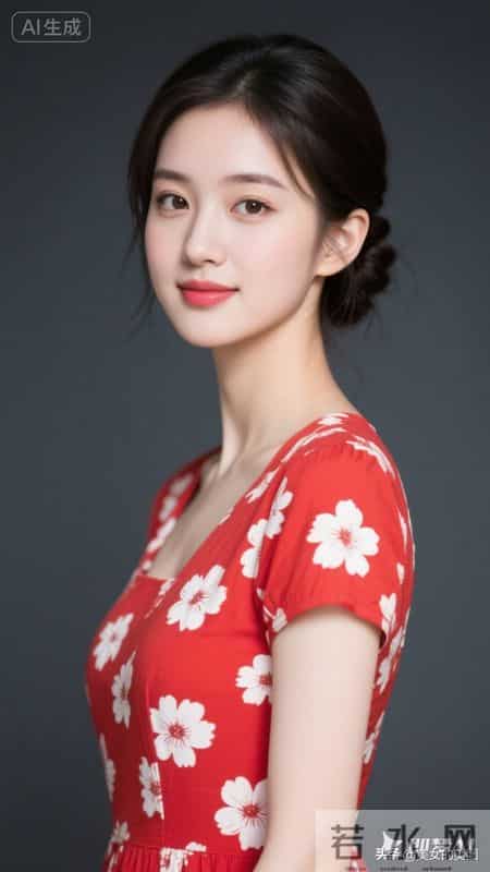 晚上好,红底白花半袖连衣裙女人