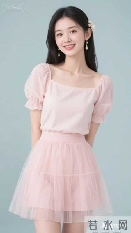 浅粉方领泡泡袖上衣配网纱短裙，清甜又温柔