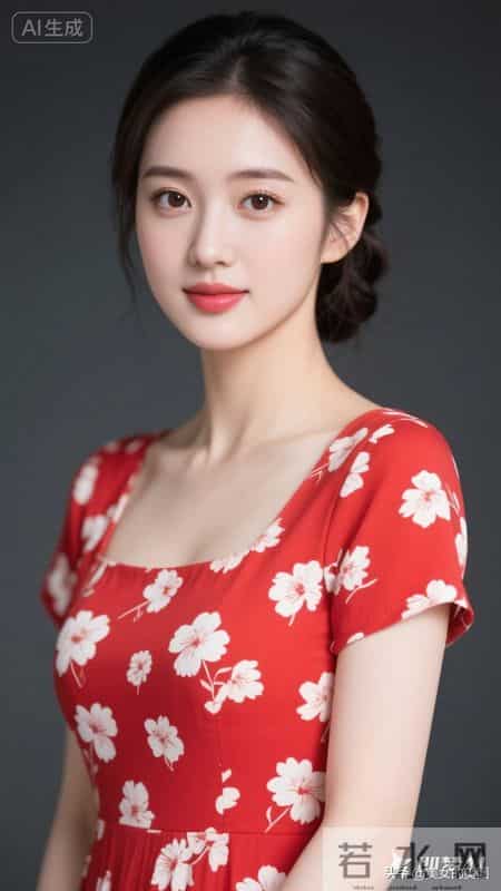 晚上好,红底白花半袖连衣裙女人