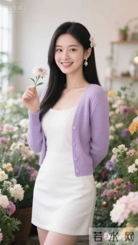 花房里，穿纯白抹胸裙搭淡紫开衫，于缤纷花簇间静立，温柔又清甜