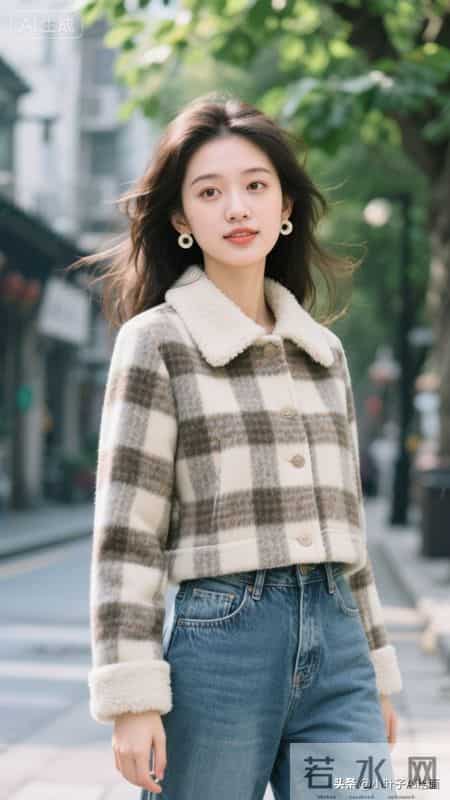温暖复古的秋日街头风~格纹短款外套搭配毛绒领，内搭白T+牛仔裤