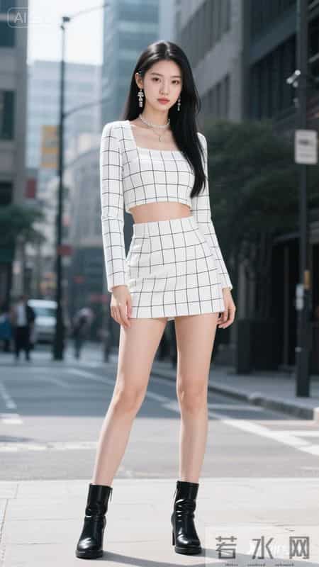 身着白格纹小香风套装，搭配黑靴，尽显精致利落的时尚感