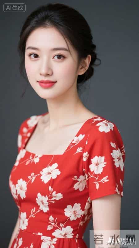 晚上好,红底白花半袖连衣裙女人
