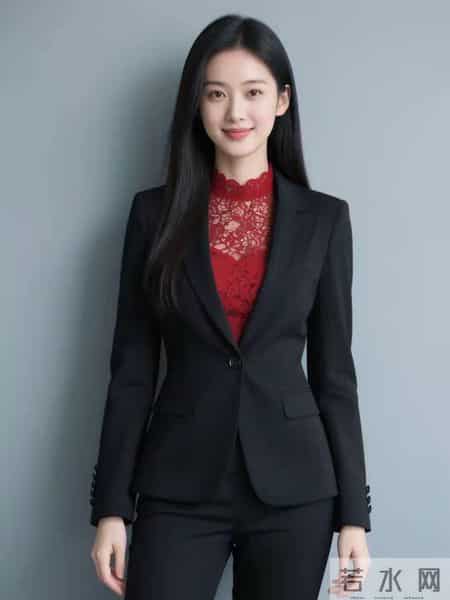 红色蕾丝衫与黑色西服