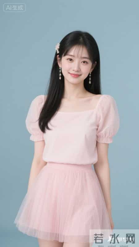 浅粉方领泡泡袖上衣配网纱短裙，清甜又温柔