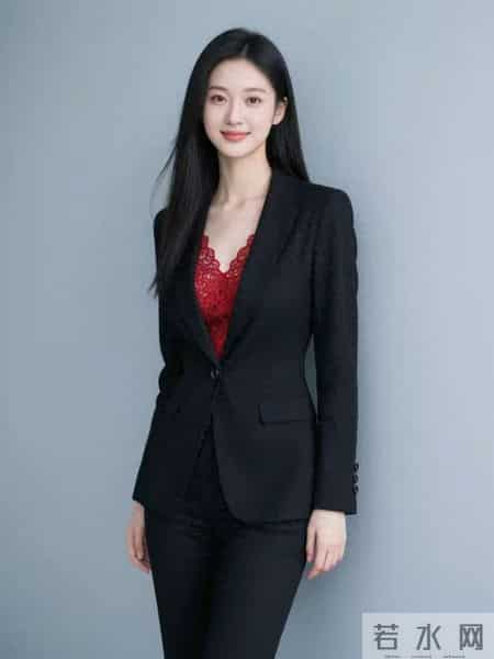 红色蕾丝衫与黑色西服