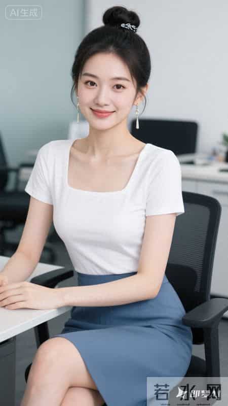 白方领短袖搭雾霾蓝半裙，简约又显气质，职场清爽感