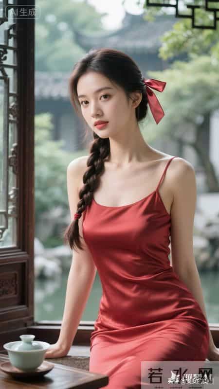 美女清新脱俗，穿真丝淡红色华丽紧身衣裙，美极了