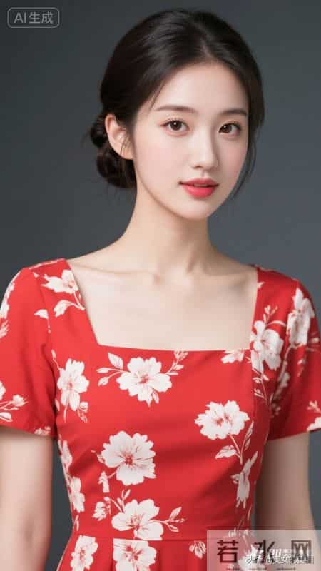 晚上好,红底白花半袖连衣裙女人