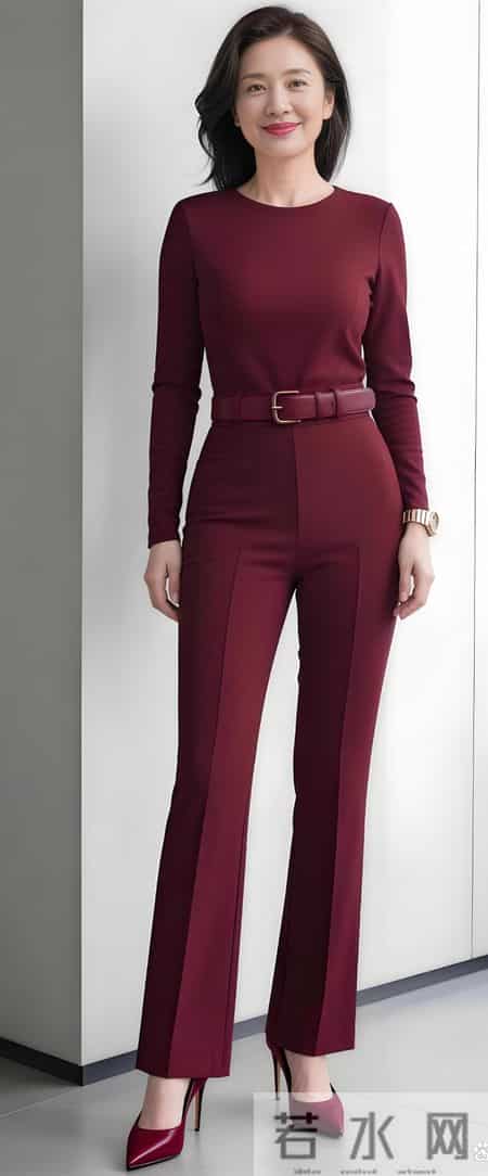穿酒红色套装的中年美女