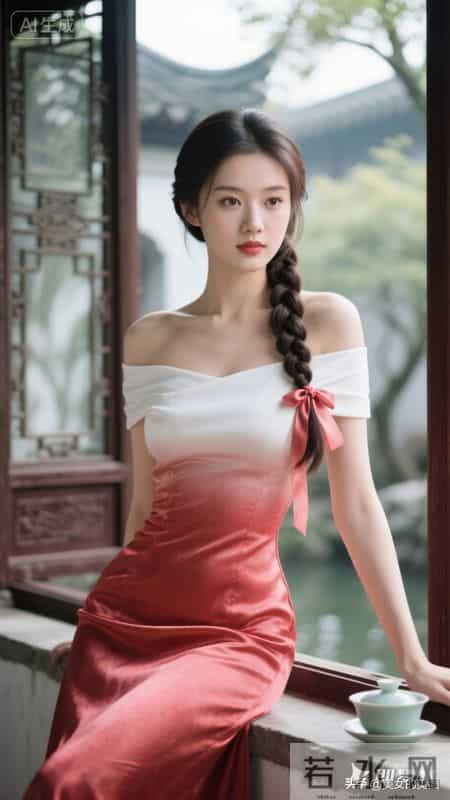 美女清新脱俗，穿真丝淡红色华丽紧身衣裙，美极了