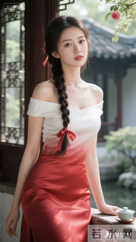 美女清新脱俗，穿真丝淡红色华丽紧身衣裙，美极了