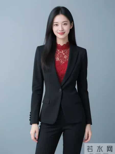 红色蕾丝衫与黑色西服