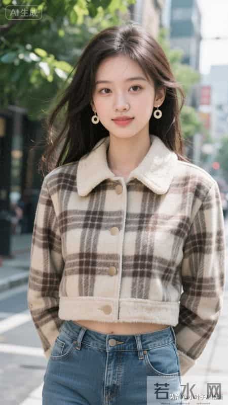 温暖复古的秋日街头风~格纹短款外套搭配毛绒领，内搭白T+牛仔裤