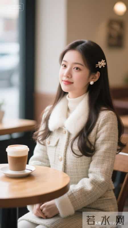 精致温柔的轻法式名媛风~浅格纹粗花呢外套搭配毛绒领边