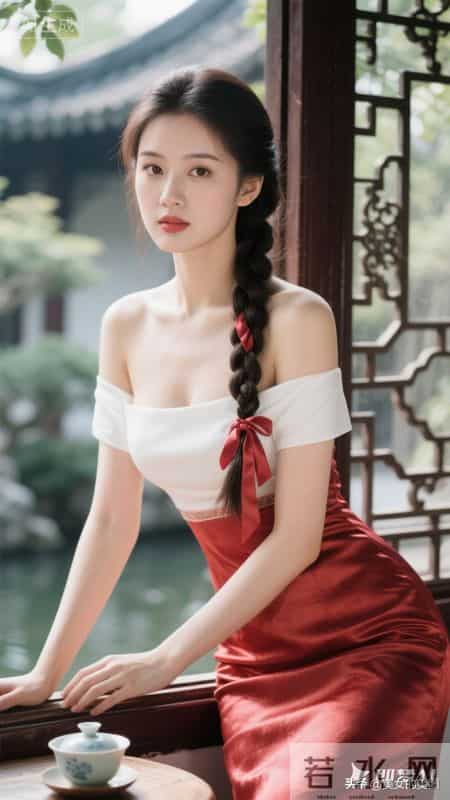 美女清新脱俗，穿真丝淡红色华丽紧身衣裙，美极了