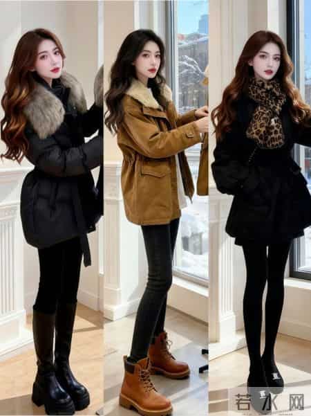 短款羽绒服利落显高，小黑裤+长靴的组合怎么搭都不会错。