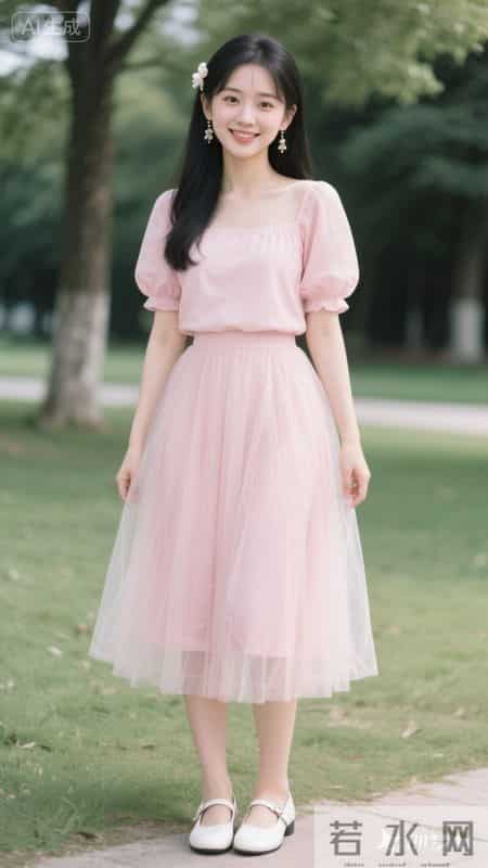 浅粉方领泡泡袖上衣配网纱短裙，清甜又温柔