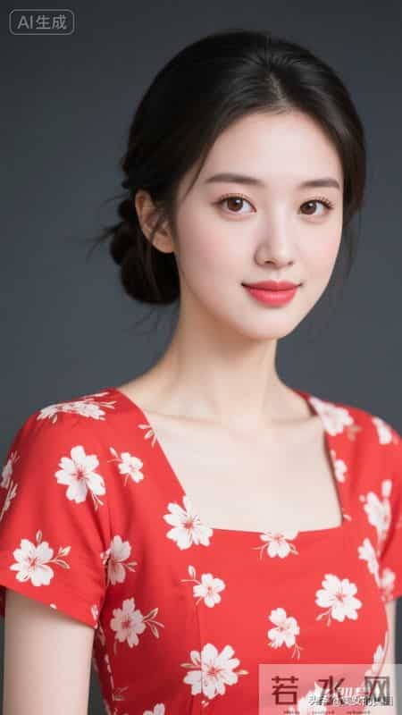 晚上好,红底白花半袖连衣裙女人