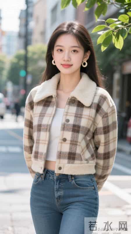 温暖复古的秋日街头风~格纹短款外套搭配毛绒领，内搭白T+牛仔裤