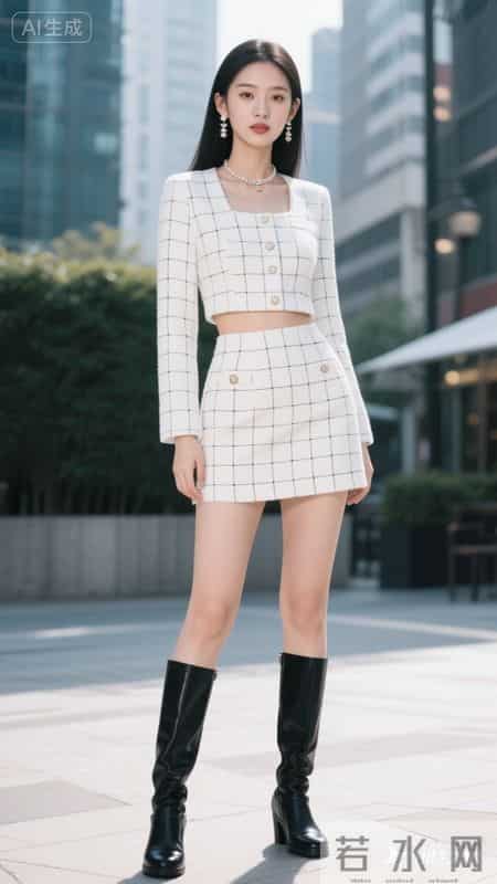 身着白格纹小香风套装，搭配黑靴，尽显精致利落的时尚感