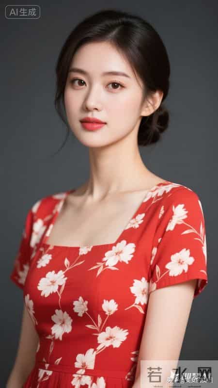 晚上好,红底白花半袖连衣裙女人