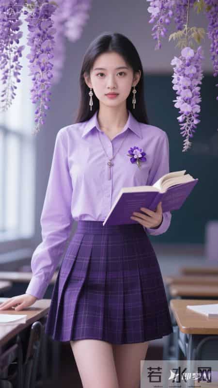 浅紫衬衫配格纹短裙,是青春里的一抹亮色