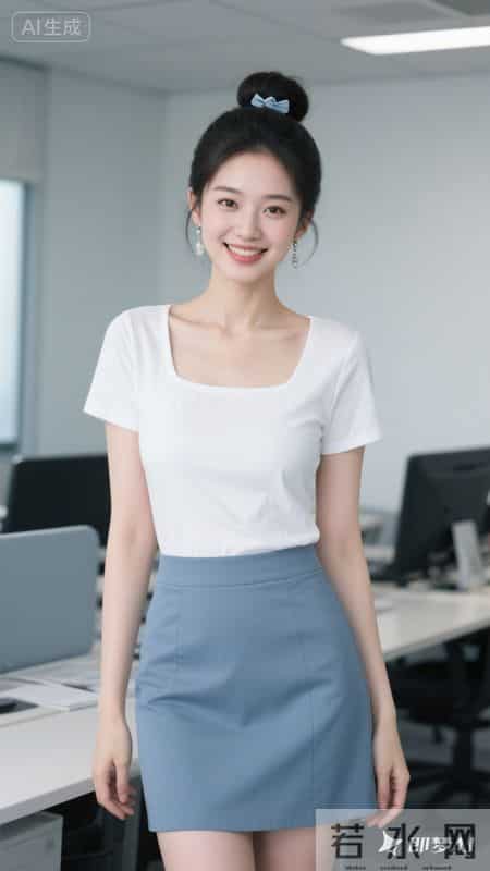 白方领短袖搭雾霾蓝半裙，简约又显气质，职场清爽感