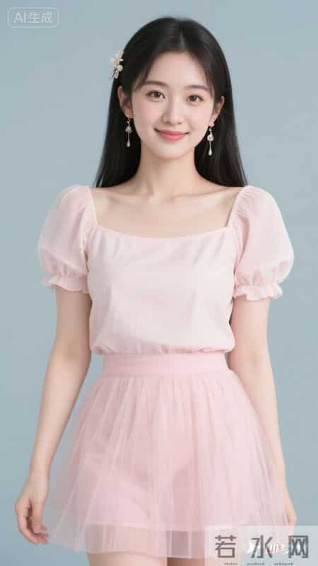 浅粉方领泡泡袖上衣配网纱短裙，清甜又温柔