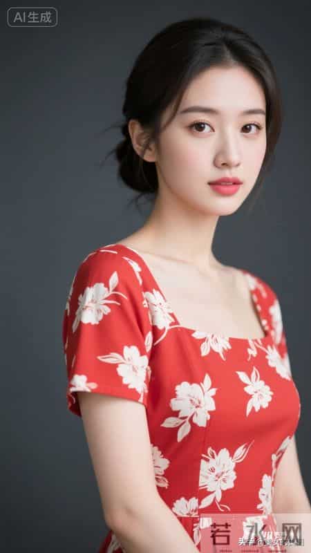 晚上好,红底白花半袖连衣裙女人