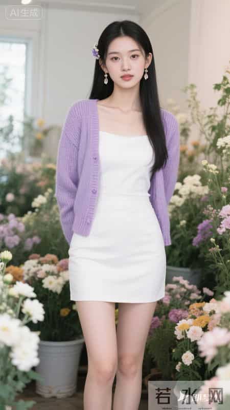 花房里，穿纯白抹胸裙搭淡紫开衫，于缤纷花簇间静立，温柔又清甜