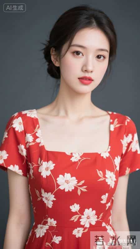 晚上好,红底白花半袖连衣裙女人