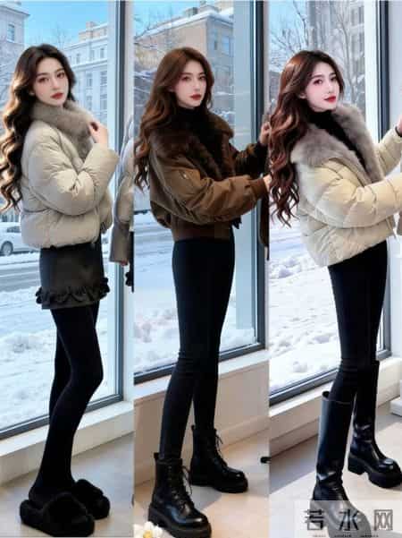 短款羽绒服利落显高，小黑裤+长靴的组合怎么搭都不会错。
