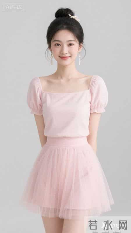 浅粉方领泡泡袖上衣配网纱短裙，清甜又温柔
