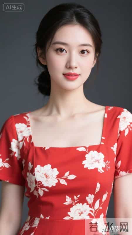 晚上好,红底白花半袖连衣裙女人
