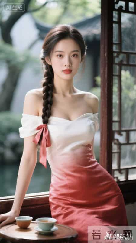 美女清新脱俗，穿真丝淡红色华丽紧身衣裙，美极了