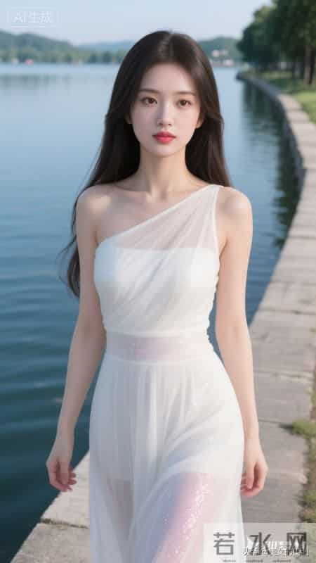 穿一身象牙白纱质斜肩连衣裙的女人，温柔端庄在湖边堤岸上。