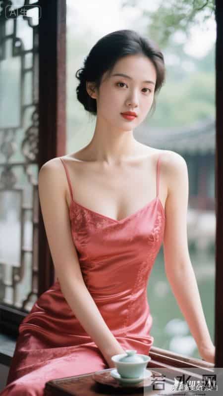 美女清新脱俗，穿真丝淡红色华丽紧身衣裙，美极了