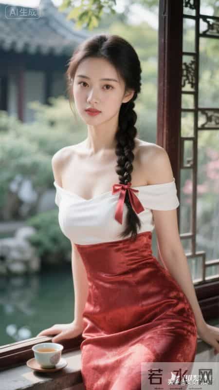 美女清新脱俗，穿真丝淡红色华丽紧身衣裙，美极了