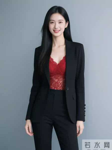 红色蕾丝衫与黑色西服