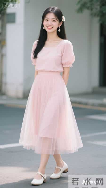 浅粉方领泡泡袖上衣配网纱短裙，清甜又温柔