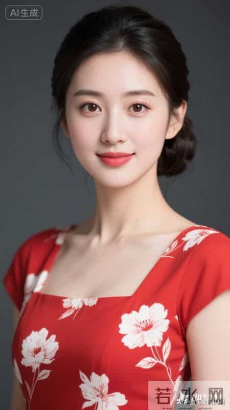 晚上好,红底白花半袖连衣裙女人