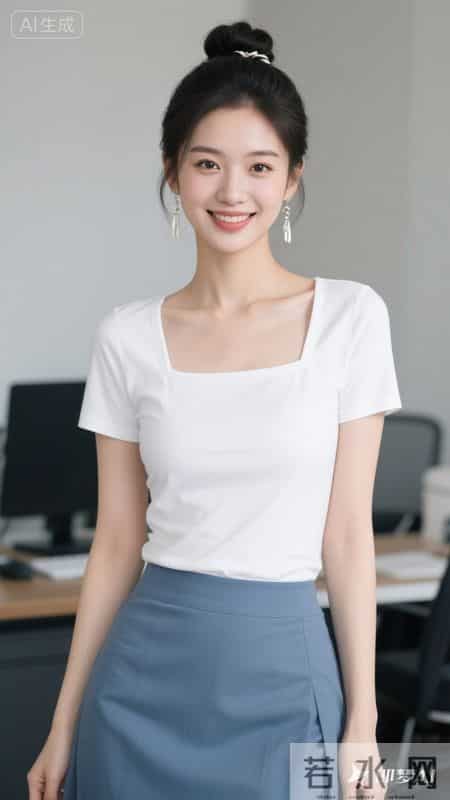 白方领短袖搭雾霾蓝半裙，简约又显气质，职场清爽感